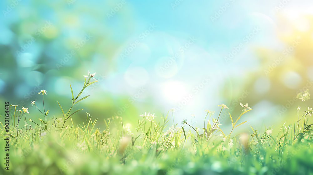 Fototapeta premium Sunny spring meadow blur background, blue sky to green grass gradient