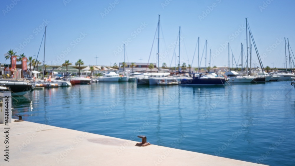 Blurry view of a sunny marina with various docked boats and yachts reflecting in the calm water, surrounded by palm trees and distant buildings under a clear blue sky. Blurry view of a sunny marina with various docked boats and yachts reflecting in the calm water, surrounded by palm trees and distant buildings under a clear blue sky.
