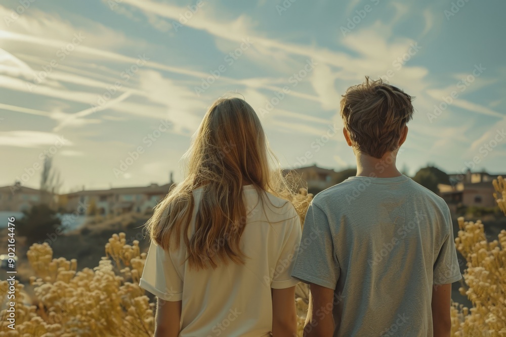 Two Teenagers Standing in a Field of Tall Grass Under a Cloudy Sky Two Teenagers Standing in a Field of Tall Grass Under a Cloudy Sky