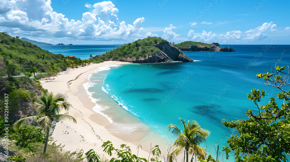 Obraz premium Tropical white sand beach with coco palms and the turquoise sea on Caribbean island.