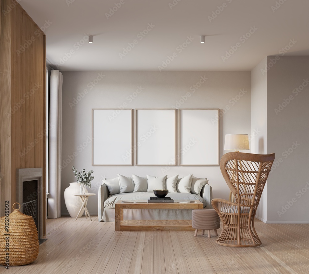 Fototapeta premium Mock up poster in livingroom interior background, Scandinavian style, 3D render