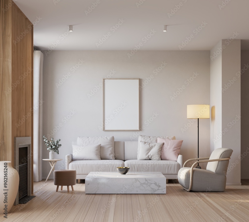 Fototapeta premium Mock up poster in livingroom interior background, Scandinavian style, 3D render