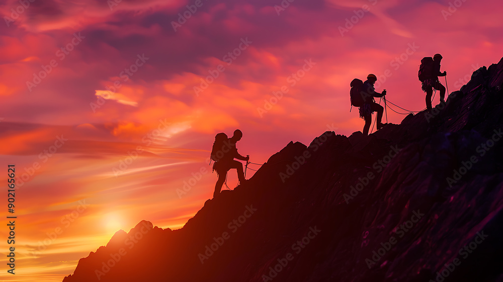 Silhouette of climbers who climbed to the top of the mountain thanks to mutual assistance and teamwork Silhouette of climbers who climbed to the top of the mountain thanks to mutual assistance and teamwork
