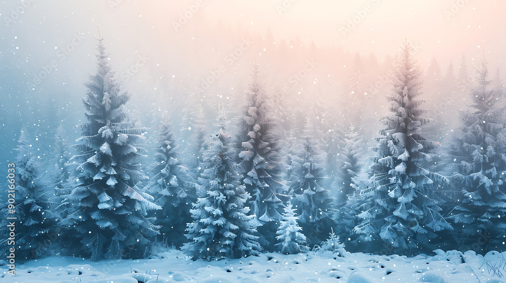 Fototapeta premium Pine trees covered with snow on frosty evening. Beautiful winter panorama
