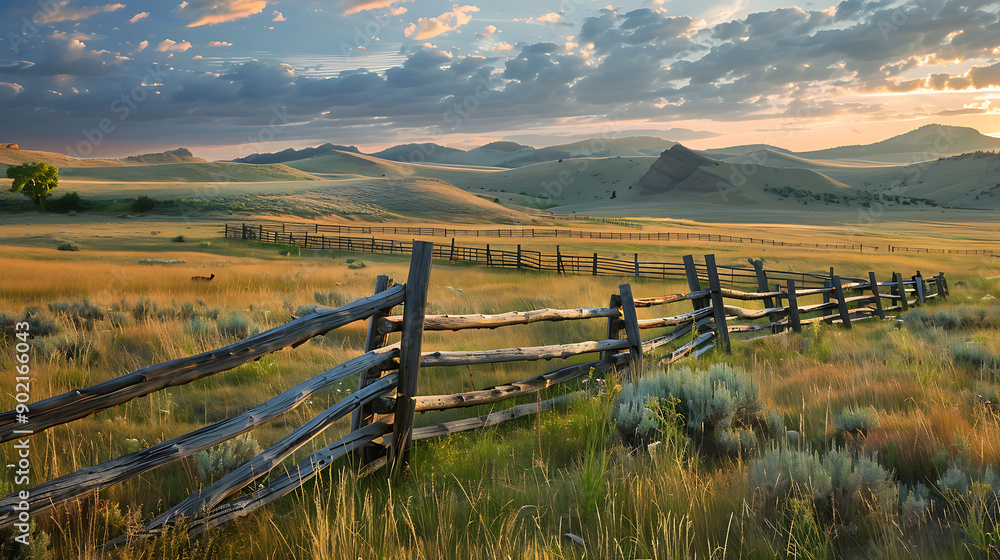 Picturesque landscape, fenced ranch at sunrise Picturesque landscape, fenced ranch at sunrise