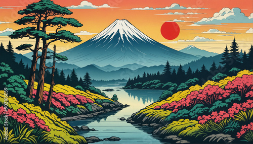 sun looking over mount fuji and other mountains, in japan, comic book style photo