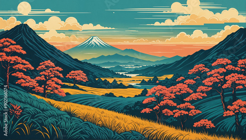 sun looking over mount fuji and other mountains, in japan, comic book style