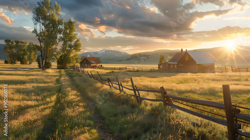 Wallpaper Mural Picturesque landscape, fenced ranch at sunrise Torontodigital.ca