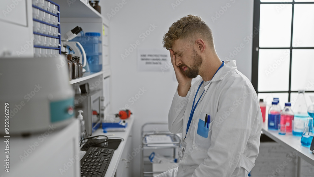 Naklejka premium Stressed young man in lab coat standing in a laboratory with his hand on his forehead, looking overwhelmed.