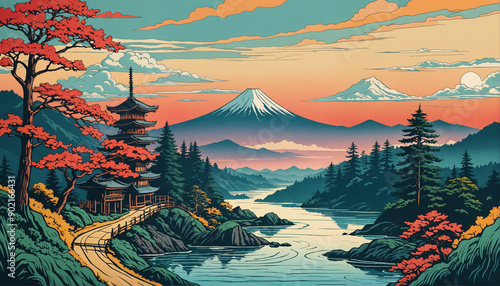 sun looking over mount fuji and other mountains, in japan, comic book style