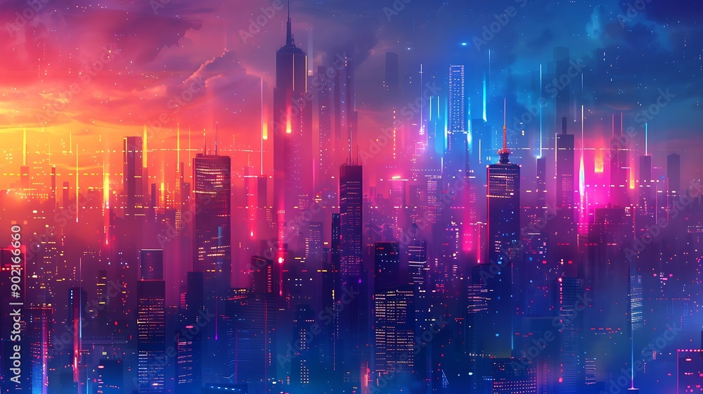 Vibrant Neon Cityscape Illustration - A Futuristic Metropolis Bathed in Colorful Lights Vibrant Neon Cityscape Illustration - A Futuristic Metropolis Bathed in Colorful Lights