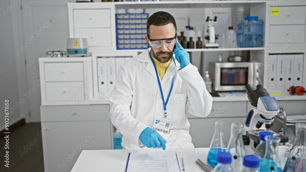 Hispanic man with beard in white lab coat discussing findings on phone in a research laboratory. Hispanic man with beard in white lab coat discussing findings on phone in a research laboratory.