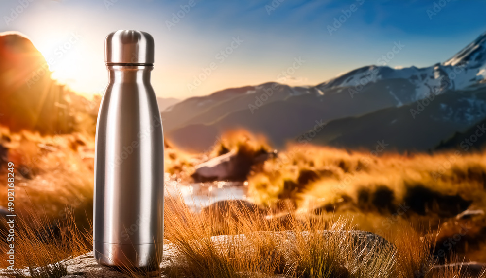 Fototapeta premium water bottle, stainless steel, metal, climbing, camping, sun, sunrise, meadow, mountain, close-up