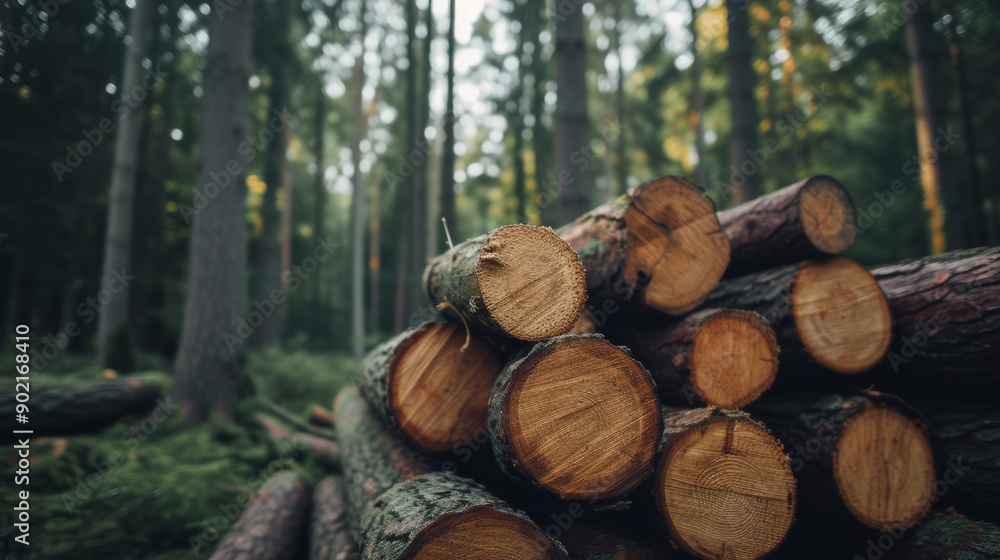 Stack of cut logs in a dense forest, close-up. Forestry and logging industry concept Stack of cut logs in a dense forest, close-up. Forestry and logging industry concept