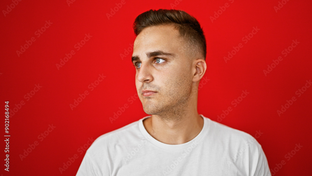 Handsome young adult hispanic man isolated against a red wall background, looking to the side, thoughtful expression Handsome young adult hispanic man isolated against a red wall background, looking to the side, thoughtful expression