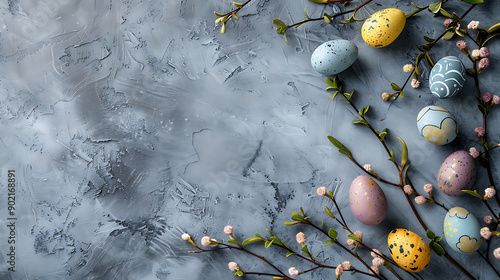 Easter composition on grey concrete backgrount photo