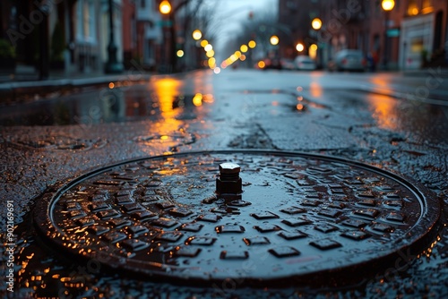 Urban Night: Rain-Soaked Street with Wet Manhole Cover