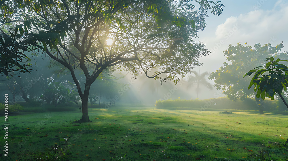 Obraz premium Beautiful landscape in park with tree and green grass field at morning.