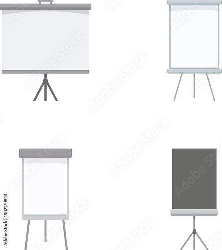 Set of four different blank presentation boards on stands, ready for customization