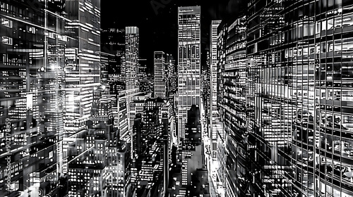 Black and white New York City at night panoramic picture, USA.