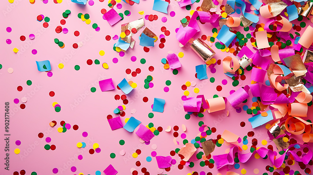 Obraz premium Colorful celebration background with party confetti on pink back