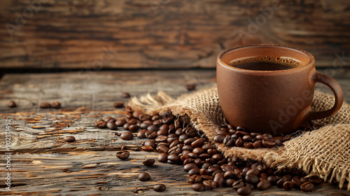 Coffee cup and coffee beans on old wooden background