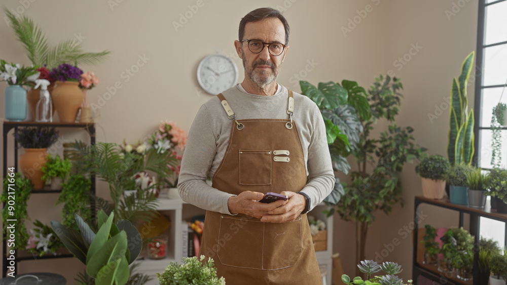Handsome mature man with glasses and beard in an apron, holding a smartphone, surrounded by plants in a cozy flower shop. Handsome mature man with glasses and beard in an apron, holding a smartphone, surrounded by plants in a cozy flower shop.