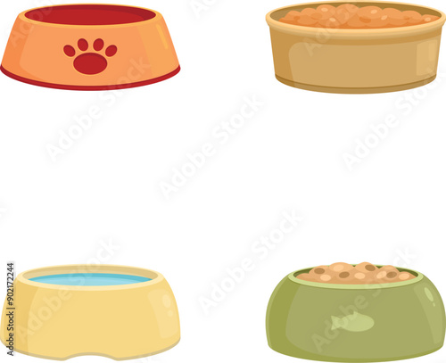 Collection of colorful, cartoonstyle pet bowls for food and water