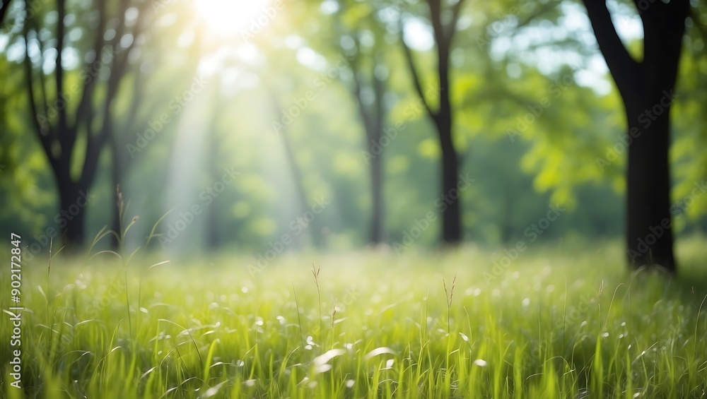 Defocused green trees in forest or park with wild grass and sun beams. Beautiful summer spring natural background. Defocused green trees in forest or park with wild grass and sun beams. Beautiful summer spring natural background.