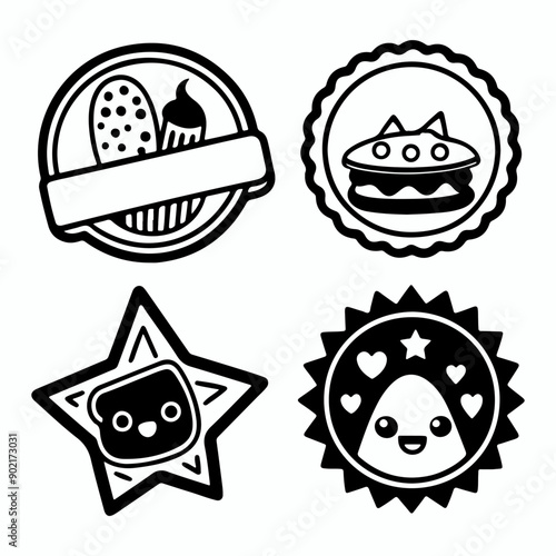 Set of Kawaii Cartoon Food And Drink Stickers, Cute Funny Food silhouettes, and Chibi Kawaii Food Icons.