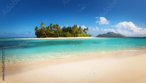 sandy tropical beach with island on background