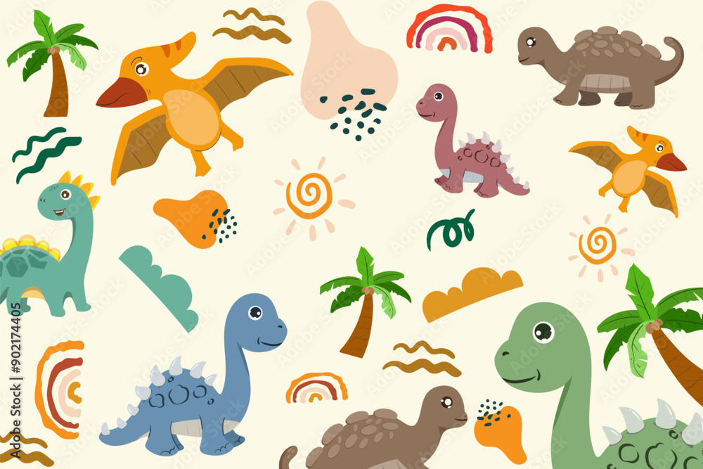 Hand drawn Random pattern with dinosaurs and abstract shapes. Colorful Cute Dino cartoon design. Perfect for kids fabric, textile, nursery wallpaper, clothes print template. Hand drawn Random pattern with dinosaurs and abstract shapes. Colorful Cute Dino cartoon design. Perfect for kids fabric, textile, nursery wallpaper, clothes print template.