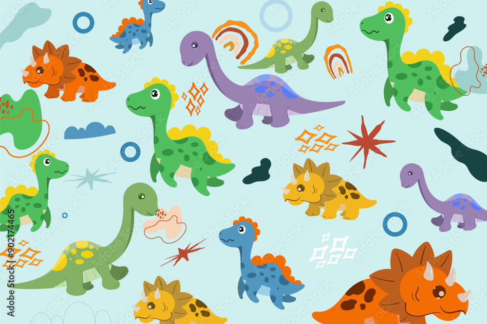 Hand drawn Random pattern with dinosaurs and abstract shapes. Colorful Cute Dino cartoon design. Perfect for kids fabric, textile, nursery wallpaper, clothes print template. Hand drawn Random pattern with dinosaurs and abstract shapes. Colorful Cute Dino cartoon design. Perfect for kids fabric, textile, nursery wallpaper, clothes print template.