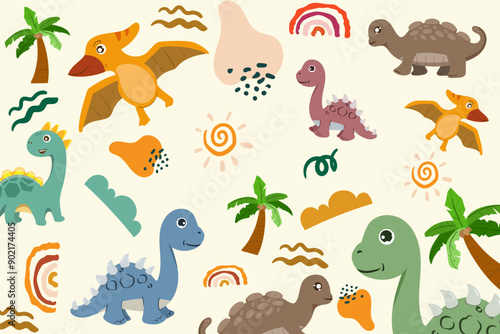 Hand drawn Random pattern with dinosaurs and abstract shapes. Colorful Cute Dino cartoon design. Perfect for kids fabric, textile, nursery wallpaper, clothes print template.