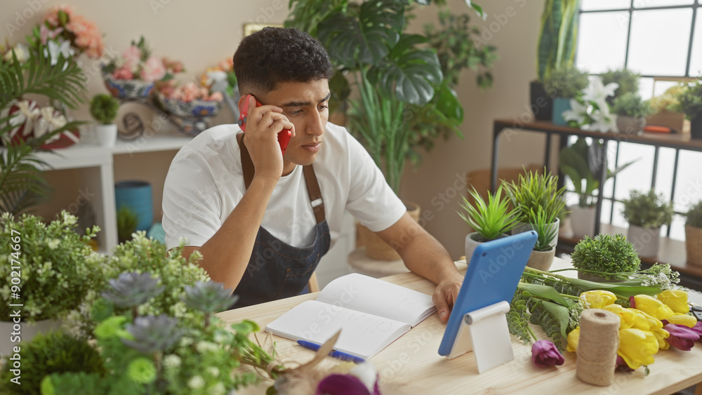 A young adult man multitasking in a flower shop, using a smartphone and tablet amidst vibrant foliage and floral arrangements. A young adult man multitasking in a flower shop, using a smartphone and tablet amidst vibrant foliage and floral arrangements.