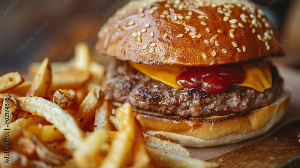 Gourmet Cheeseburger with Ketchup and Sesame Seed Bun, Served with Crispy French Fries Gourmet Cheeseburger with Ketchup and Sesame Seed Bun, Served with Crispy French Fries