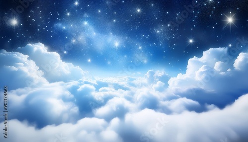 a serene blue and white scene with stars and clouds