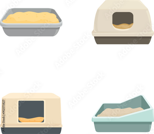 Collection of cartoon style cat litter boxes in various designs, isolated on white