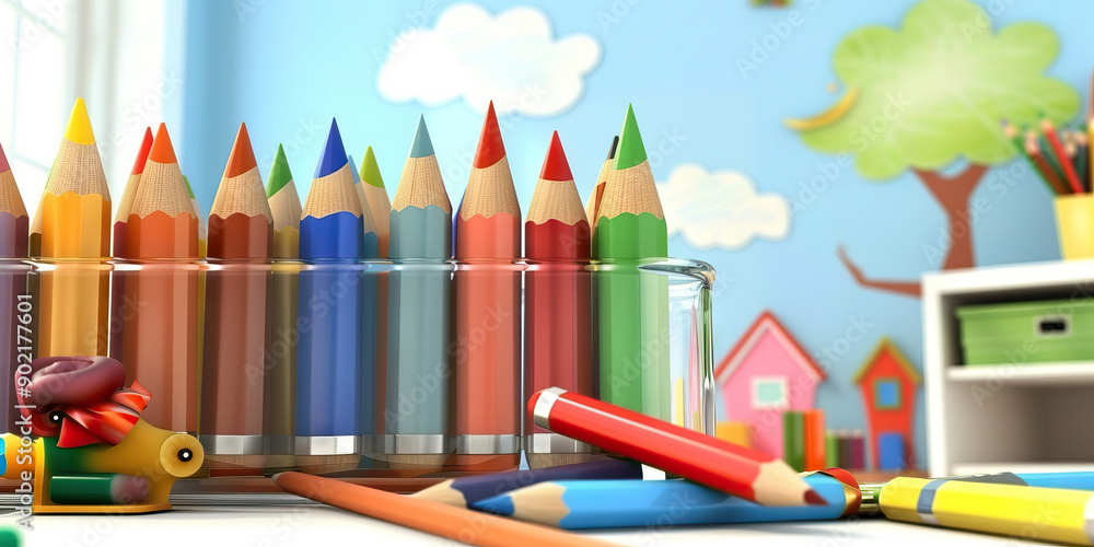 Obraz premium A set of colorful pencils, pens, and markers, arranged neatly in a jar, waiting for an artist's touch