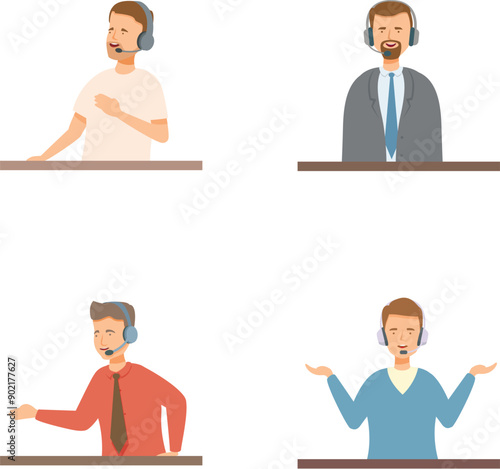 Set of four cartoon characters depicting diverse customer support agents with headsets