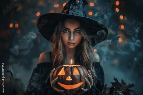 A woman dressed as a witch holding a Halloween pumpkin with candles in dark blue background