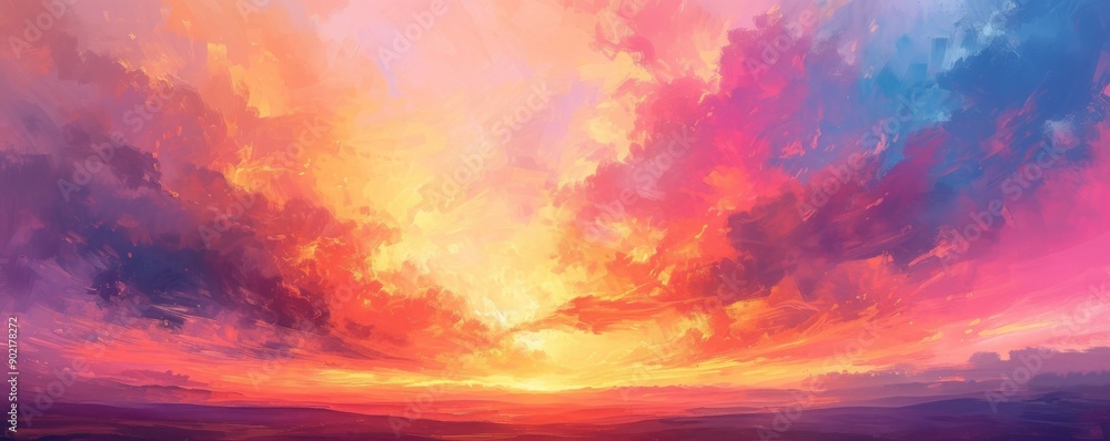 Obraz premium Sunset landscape with vibrant colors and dramatic clouds, serene evening sky, nature beauty concept