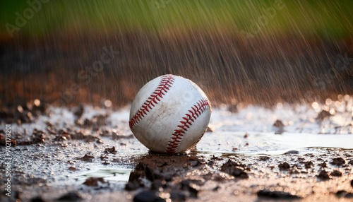 rain delay a baseball in the rain and mud generative ai photo