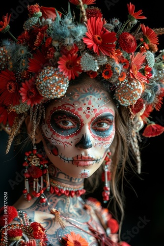 full length photo,White sugar skull Dia De Los Muertos on poster for Halloween party with creative make-up or holiday on dark background