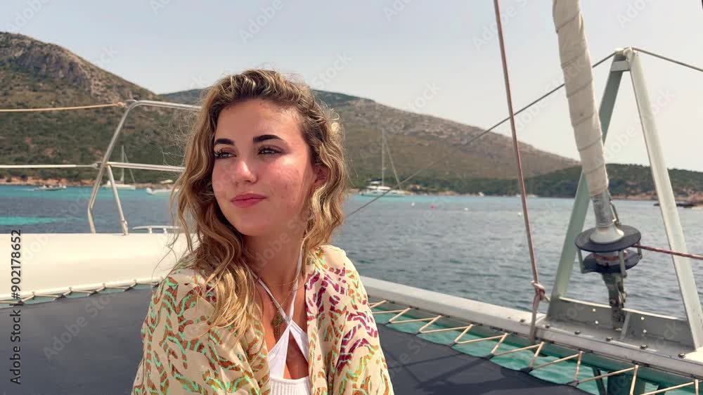 One young blonde and beautiful young woman looking and enjoying summer days in vacation holiday having fun in catamaran boat sailing in the water of sea
One young blonde and beautiful young woman looking and enjoying summer days in vacation holiday having fun in catamaran boat sailing in the water of sea