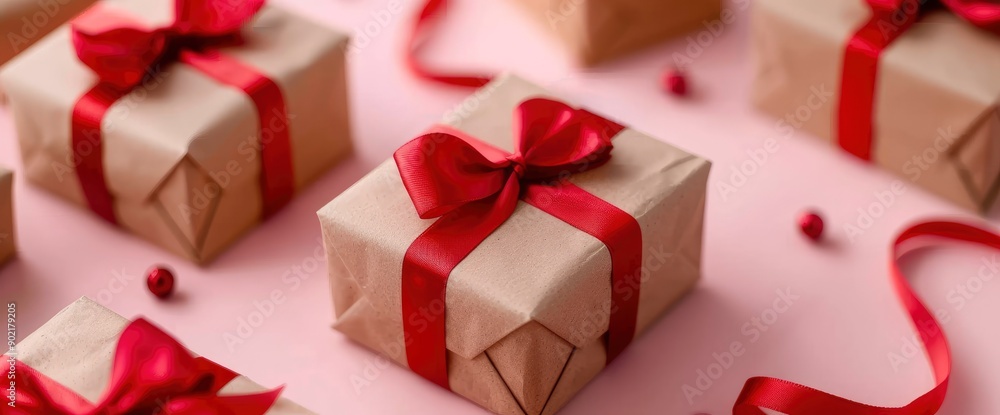 Pattern Of Brown Gift Boxes With Red Bows On A Pink Background, Creating A Warm And Festive Look Pattern Of Brown Gift Boxes With Red Bows On A Pink Background, Creating A Warm And Festive Look