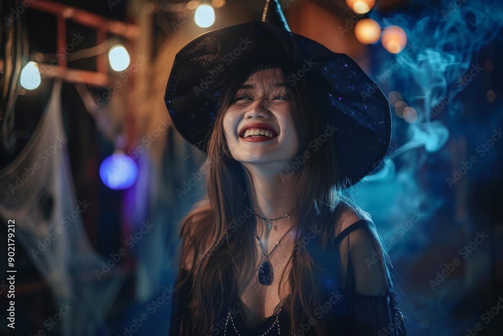 portrait of Happy gothic young asian woman in witch halloween costume with hat standing and smiling in halloween theme portrait of Happy gothic young asian woman in witch halloween costume with hat standing and smiling in halloween theme