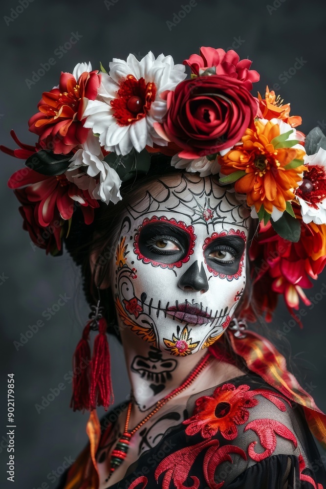 White sugar skull Dia De Los Muertos on poster for Halloween party with creative make-up or holiday on dark background White sugar skull Dia De Los Muertos on poster for Halloween party with creative make-up or holiday on dark background