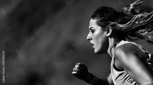 A determined female runner pushes herself to the finish line. photo