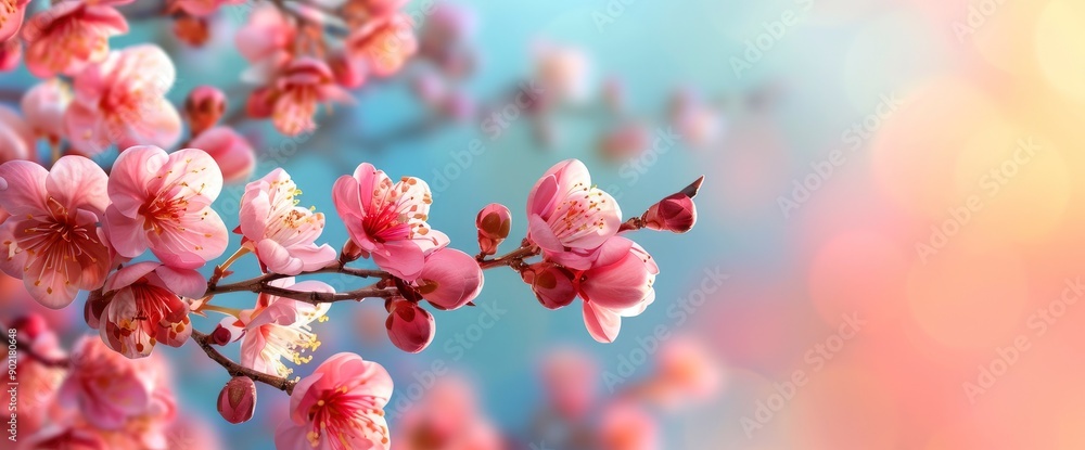 Copy Space Colorful Template With A Plum Branch In The Rays Of The Sun On A Defocused Background, Creating A Serene And Vibrant Scene Copy Space Colorful Template With A Plum Branch In The Rays Of The Sun On A Defocused Background, Creating A Serene And Vibrant Scene